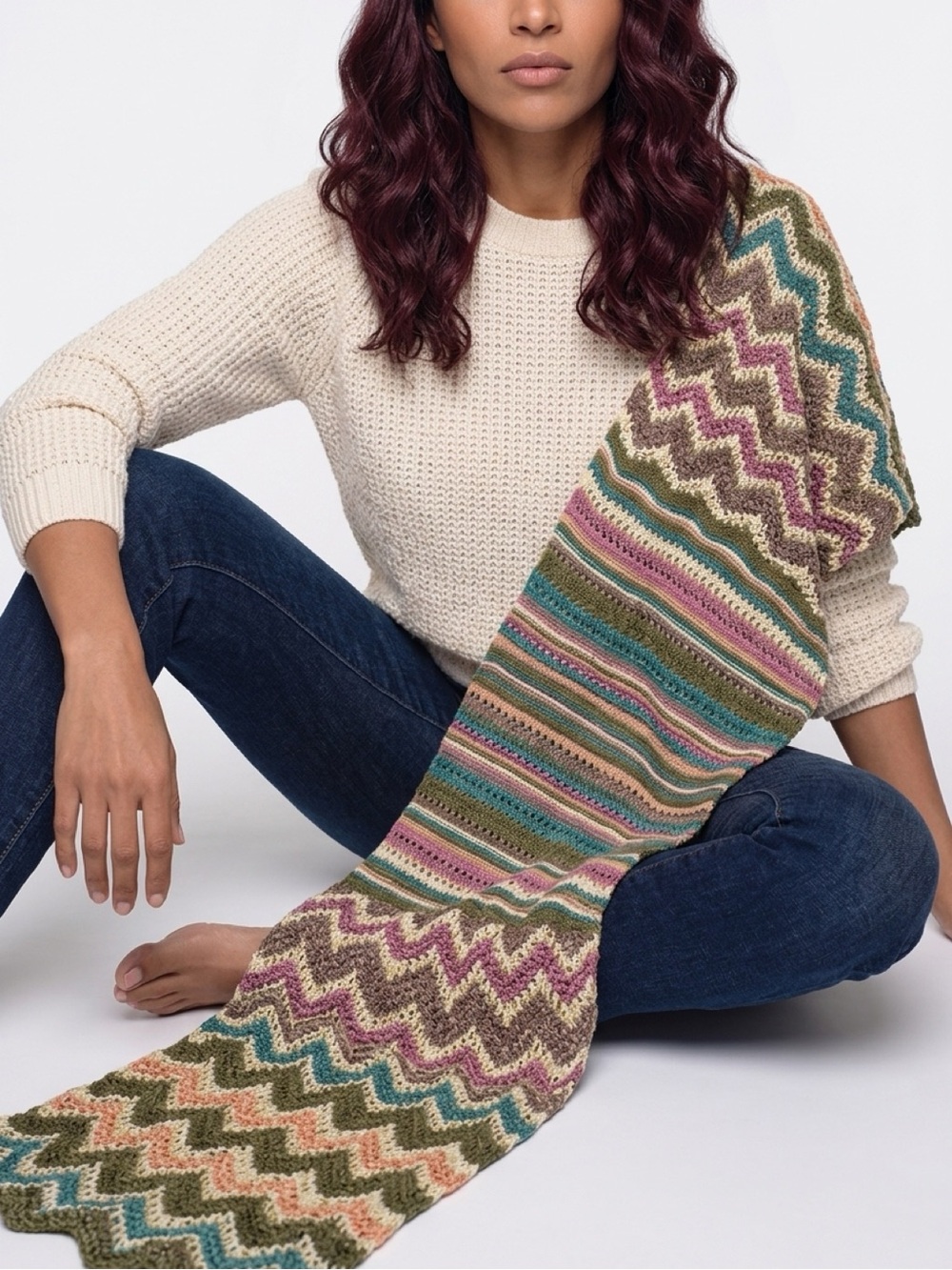 Missoni Striped Chevron Knit Scarf - Teal, Pink, Cream, Brown